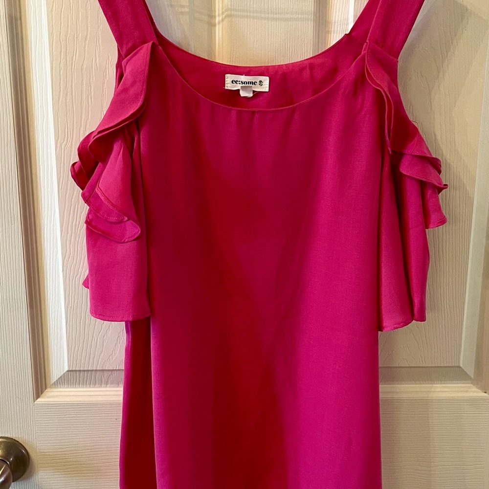 eesome Hot Pink Cold-Shoulder Ruffle Blouse